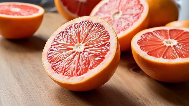 Grapefruit slices on wooden surface
