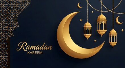 Luxurious Ramadan Kareem design with a large golden crescent moon, hanging lanterns, and starry night sky.