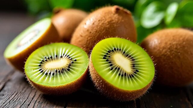 Kiwi fruits on wooden surface