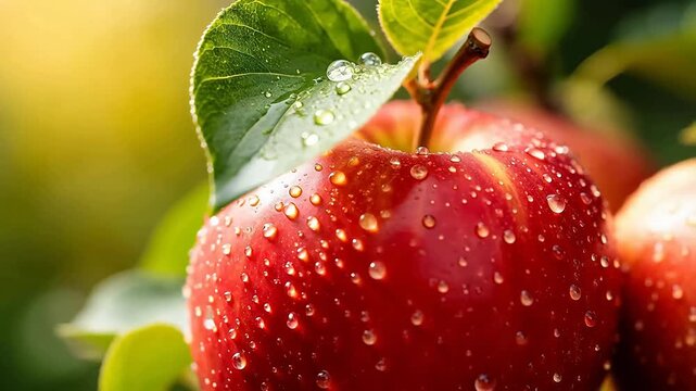 Red apple with water droplets