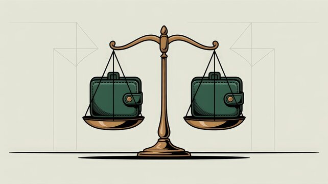 Balanced scales weigh two identical green wallets, symbolizing financial equality and fair distribution.