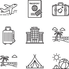 Travel and vacation icons featuring silhouette illustrations