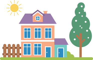 Naklejka premium Modern family house exterior with sunny sky tree fence and green yard perfect for real estate illustration design