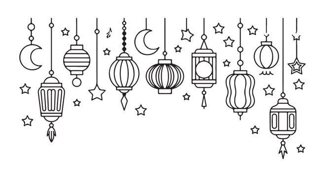 Hand drawn ramadan lanterns and moons hanging from top edge for creative islamic holiday greeting cards art