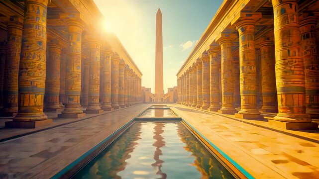 Sunlit Ancient Egyptian Temple Colonnade With Obelisk Reflecting Pool Sacred Stone Architecture at Dawn Golden Courtyard