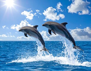 Fototapeta premium Two dolphins jumping out of the ocean on a sunny day (1)