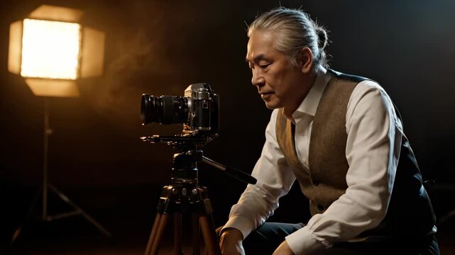 studio photographer adjusts camera on tripod with light. portrait lens attached to vintage camera. vest on man during portrait session. composition study with equipment. editorial reference portfolio.