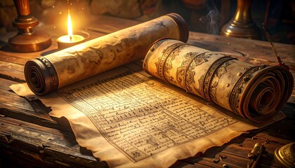 Ancient Scrolls and Candlelight - A Glimpse into Historical Documents.
