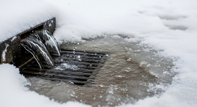 Water flowing from under snow into a drain. Melting snow in winter. Spring thaw concept in cold weather for environment story.