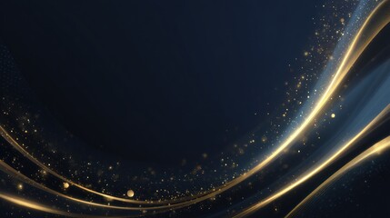 A dark blue and gold abstract background with a wave-like pattern and glowing particles.