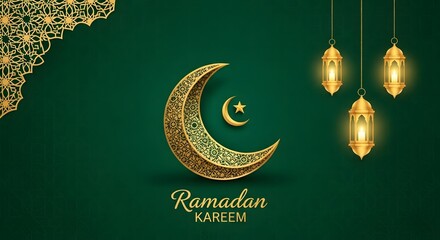 Luxurious Ramadan Kareem graphic with a golden ornate crescent moon and star, hanging lanterns on a deep green background