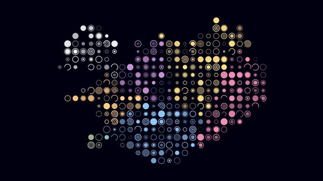 Iceland map animation. Shape of the country with pulsating colored dots. Large size circle blocks. Digital style Iceland map on dark background. Modern video.
