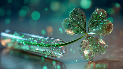 Futuristic biotechnology concept with glowing digital shamrock and circuit veins in test tube