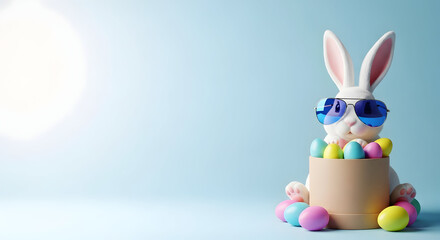 Fototapeta premium Easter bunny wearing sunglasses and sitting in a bucket with colorful easter eggs on easter day