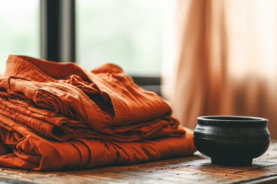 Folded orange robe black alms bowl bamboo mat soft natural light peaceful atmosphere Buddhist tradition ordination spiritual serene morning