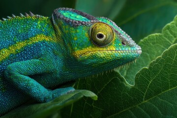 Fototapeta premium Vibrant chameleon camouflaged on green leaves