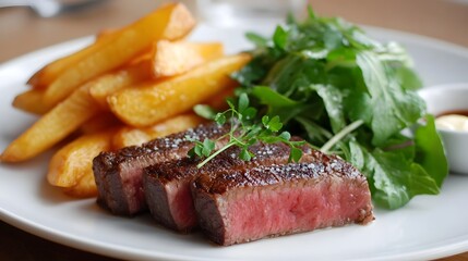 Deliciously plated gourmet meal with a perfectly cooked medium rare steak golden french fries and a vibrant green salad garnished with fresh herbs ready to be enjoyed