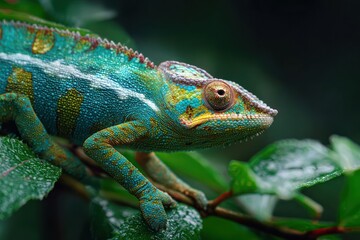 Obraz premium Detailed chameleon skin on verdant background