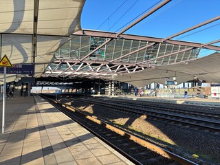 Naklejka premium Leipzig-Halle airport, Germany, January 18, 2026: Photo showing the railway station directly connected to the terminal at Leipzig–Halle Airport, highlighting efficient intermodal transport and modern 