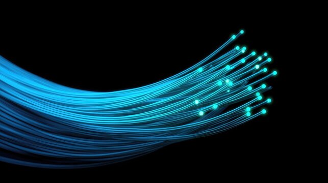 Abstract technology background showcasing glowing blue fiber optic strands flowing gracefully against a dark backdrop for digital concepts and innovations