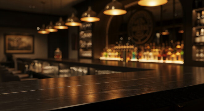 Interior of a bar with a dark wood counter surface in focus, suggesting a stylish and sophisticated ambiance, perfect for nightlife themes