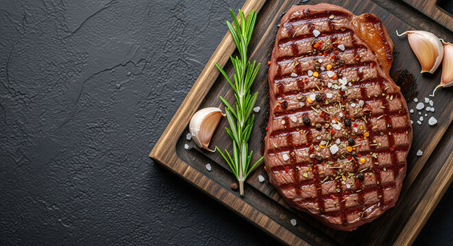 Grilled Steak with Herbs on Cutting Board