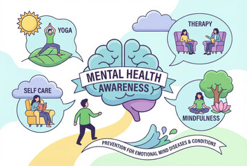 Fototapeta premium Mental health awareness support therapy meditation anxiety stress homework editable mental health awareness support therapy meditation anxiety stress collage encourages Mental Health Management