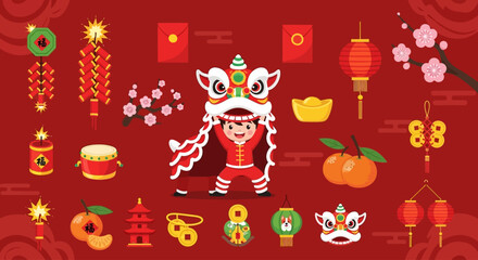 Fototapeta premium Vibrant Chinese New Year celebration illustration featuring lion dance, lanterns, and traditional ornaments on red background from a frontal viewpoint