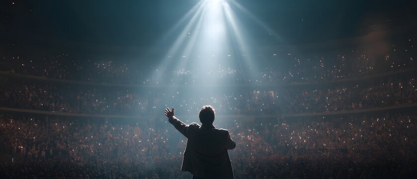 Performer on stage under bright spotlight facing a large audience with phone lights at a vibrant live event, grand atmosphere, cinematic lighting.