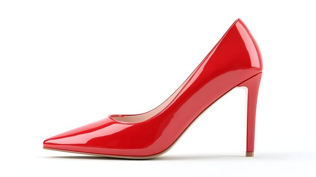 Elegant pointed toe red patent leather stiletto high heel shoe displayed in a side view against a clean isolated white studio background symbolizing fashion and luxury