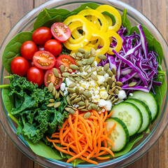 A vibrant and healthy salad bowl filled with fresh vegetables and greens