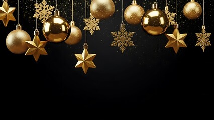 Golden Christmas ornaments, snowflakes, and stars hanging on a dark, elegant background