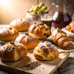 Artisan Breads and Pastries on Wooden Board - A Delicious Breakfast Spread.