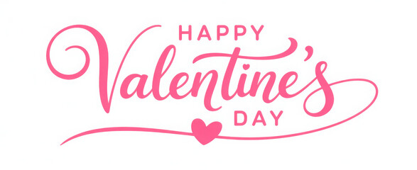 Valentines Day elegant hand text banner. Valentine greeting card template with calligraphy happy valentine`s day and pink heart in line on white background. Vector illustration