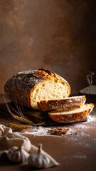 Artisan Sourdough Bread - A Rustic Still Life with Garlic and Flour.