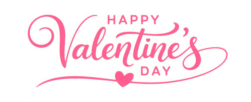 Valentines Day elegant hand text banner. Valentine greeting card template with calligraphy happy valentine`s day and pink heart in line on white background. Vector illustration