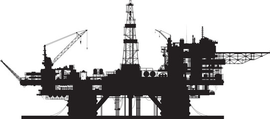 Offshore oil rig silhouette with cranes and drilling tower