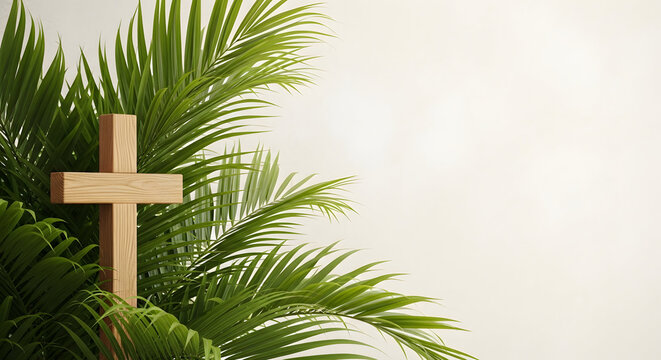 Easter cross with palm leaves symbolizing resurrection and hope on easter sunday morning
