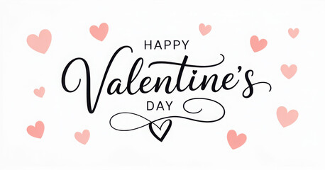 Valentines Day black handwritten typography with pink hearts isolated white background 
