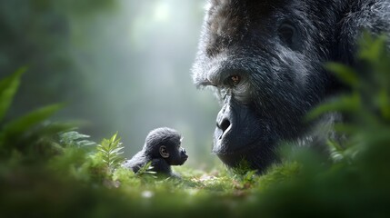 Obraz premium An adult gorilla observes its curious baby gorilla lying in mossy verdant jungle undergrowth bathed in soft atmospheric light and mist evoking a sense of natural care and family bond