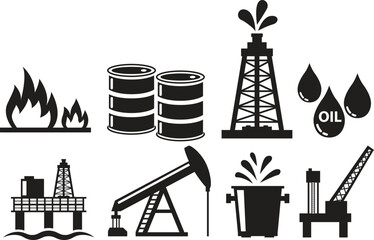 Oil industry including drilling rigs barrels fire and oil drops