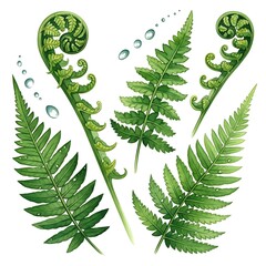 Green fern fronds and fiddleheads with water droplets.