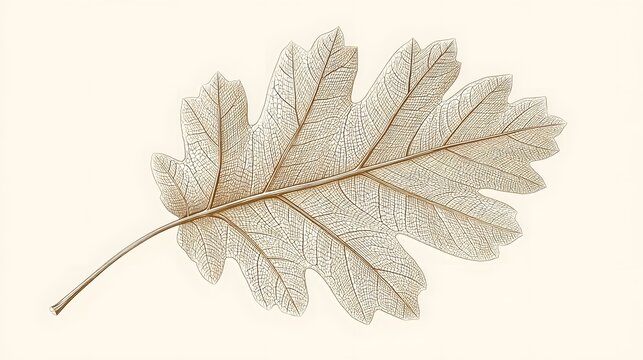 An exquisite sepia toned illust n of a solitary oak leaf highlighting its natural texture complex venation patterns and distinctive lobed contours presented in isolation against a soft