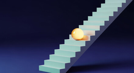 Obraz premium Turquoise stair on dark blue background. A yellow sphere on step, symbolizing challenge, progression, ambition, and achievement, success concept