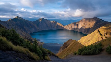 A panoramic view revealing the depth of a volcanic crater lake within a volcanic caldera highlights the geological significance of these natural wonders and attracts adventurers seeking scenic
