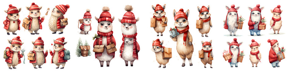 Fototapeta premium Festive Christmas animal character set in watercolor with a transparent background