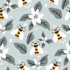 Cotton fabric Seamless pattern with honey bees and white lemon flowers on light blue background beautiful botanical illustration for textile and wallpaper with garden insects and hand drawn floral elements