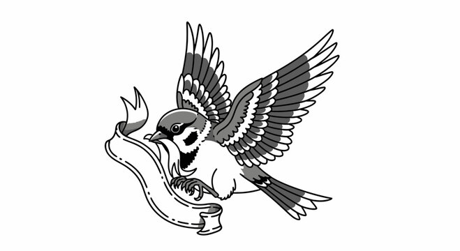 A detailed illustration of a sparrow holding a banner in its beak.