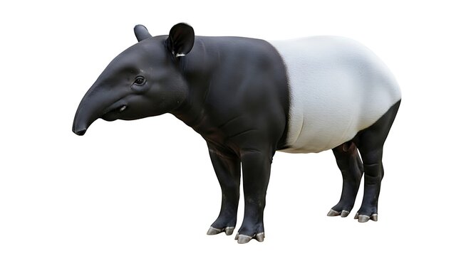 Malayan tapir stands on white background with black and white coloring.