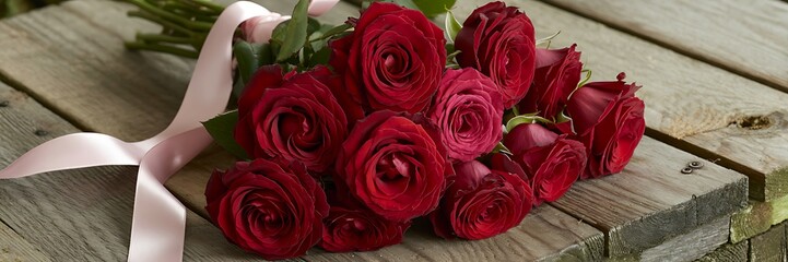 Obraz premium A beautiful bouquet of red roses with a pink ribbon on a wooden table
